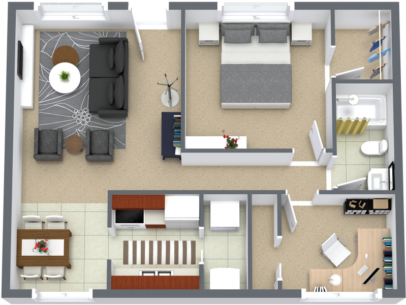 Floor plan for 1 bed, 1 bath, 776 sqft
